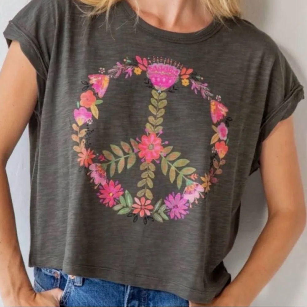 Natural Life Olive Green Pink Floral Peace Sign Crop Tee